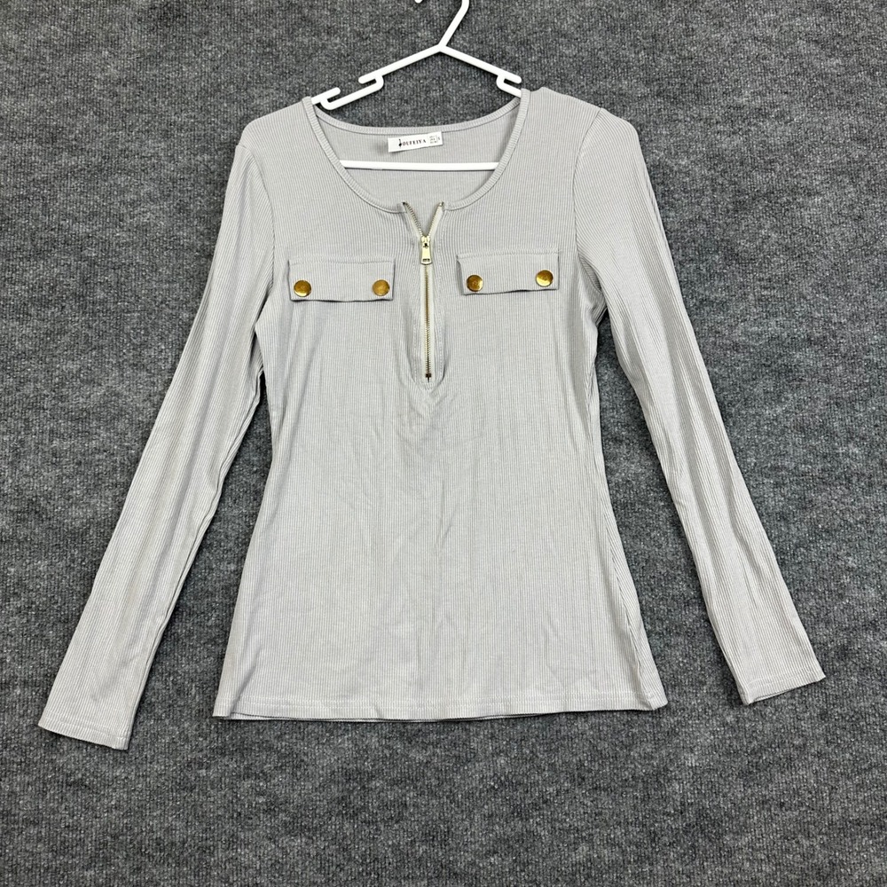 Oufeiya‎ Top Small Gray Ribbed Knit Gold Button Long Sleeve Half Zip Blouse